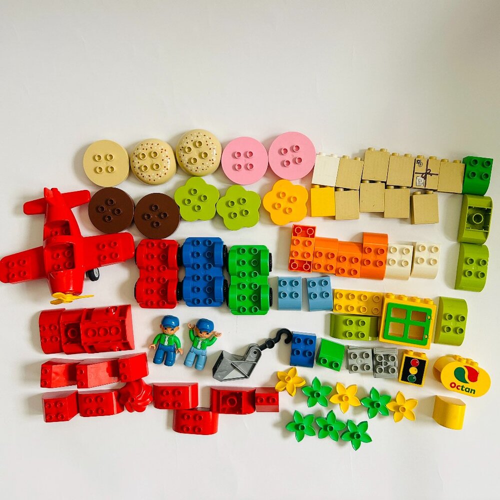 LEGO Duplo Mixed Lot Airplane Cars Figures Window Flowers Cupcake Blocks 71 pcs